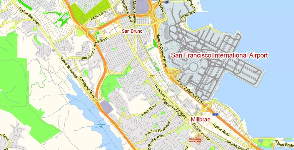 San Francisco Map + Oakland Map Vector California US exact City Plan scale 1:59463 full editable Adobe Illustrator Street Map