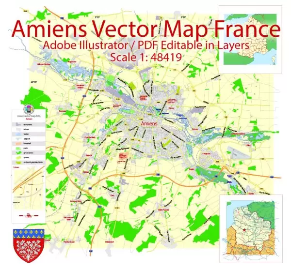 Amiens Vector Map France exact City Plan scale 1:48419 editable Adobe Illustrator Street Map in layers