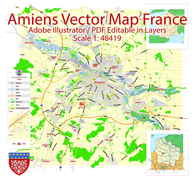 Amiens Vector Map France exact City Plan scale 1:48419 editable Adobe Illustrator Street Map in layers