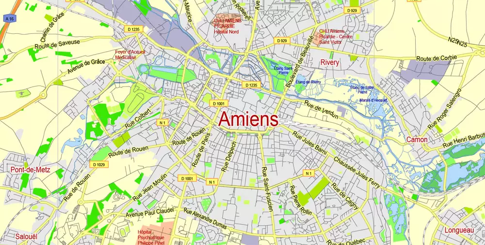 Amiens Vector Map France exact City Plan scale 1:48419 editable Adobe Illustrator Street Map in layers