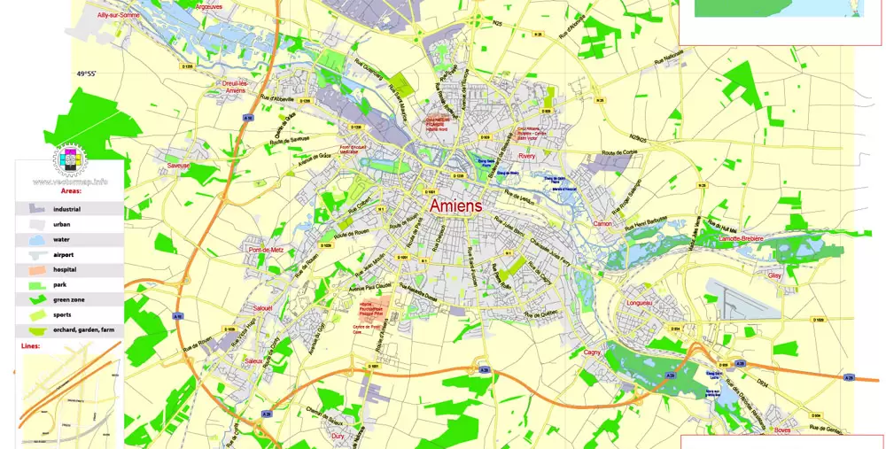 Amiens Vector Map France exact City Plan scale 1:48419 editable Adobe Illustrator Street Map in layers