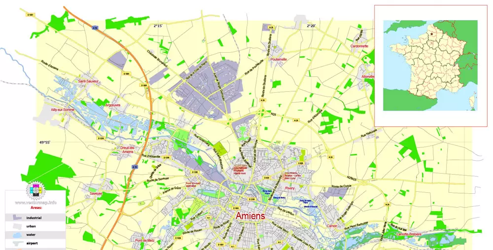 Amiens Vector Map France exact City Plan scale 1:48419 editable Adobe Illustrator Street Map in layers