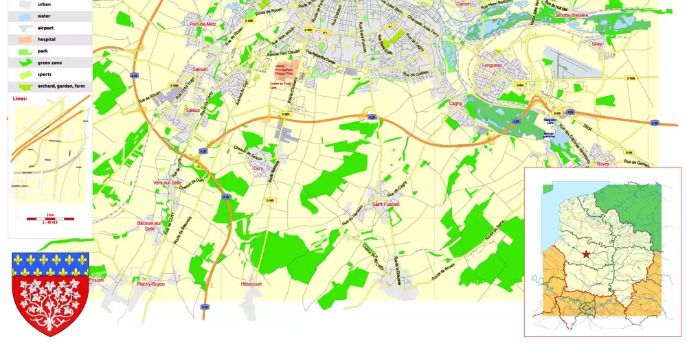 Amiens Vector Map France exact City Plan scale 1:48419 editable Adobe Illustrator Street Map in layers