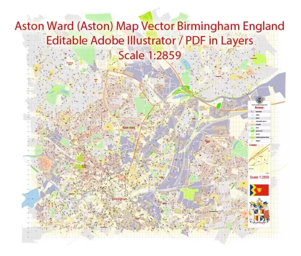 Aston Ward (Aston) Vector Map Birmingham England exact extra detailed City Plan editable Adobe Illustrator Street Map in layers