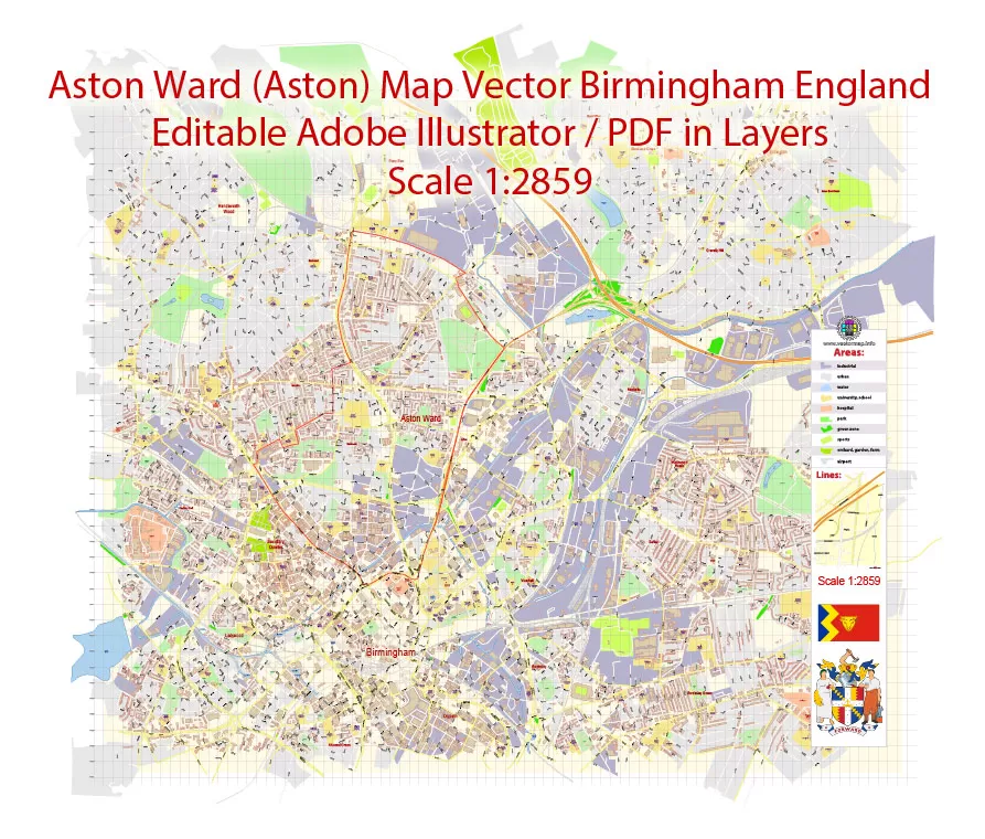 Aston Ward (Aston) Vector Map Birmingham England exact extra detailed City Plan editable Adobe Illustrator Street Map in layers