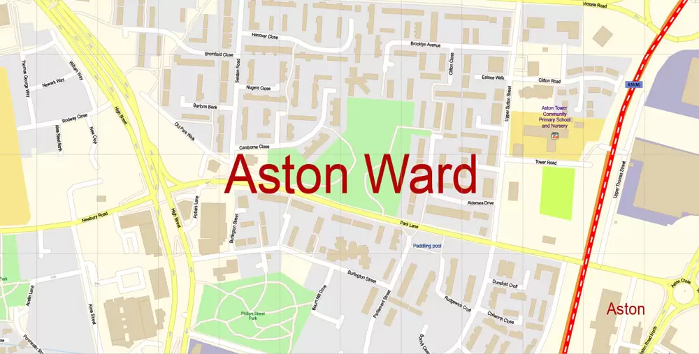 Aston Ward (Aston) Vector Map Birmingham England exact extra detailed City Plan editable Adobe Illustrator Street Map in layers