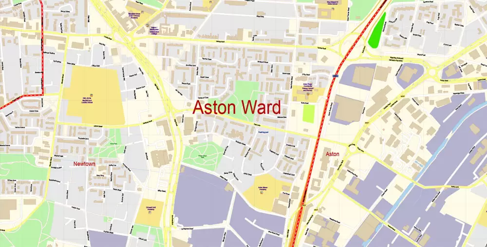 Aston Ward (Aston) Vector Map Birmingham England exact extra detailed City Plan editable Adobe Illustrator Street Map in layers