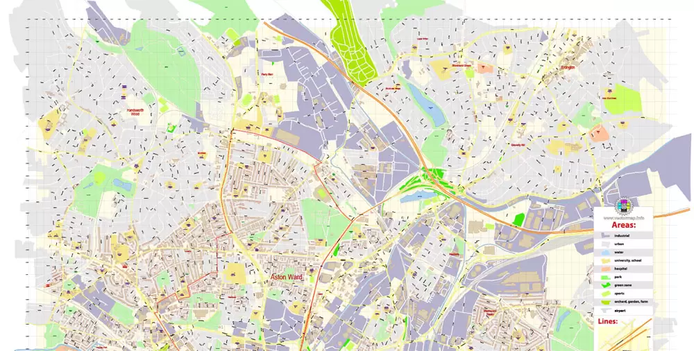 Aston Ward (Aston) Vector Map Birmingham England exact extra detailed City Plan editable Adobe Illustrator Street Map in layers