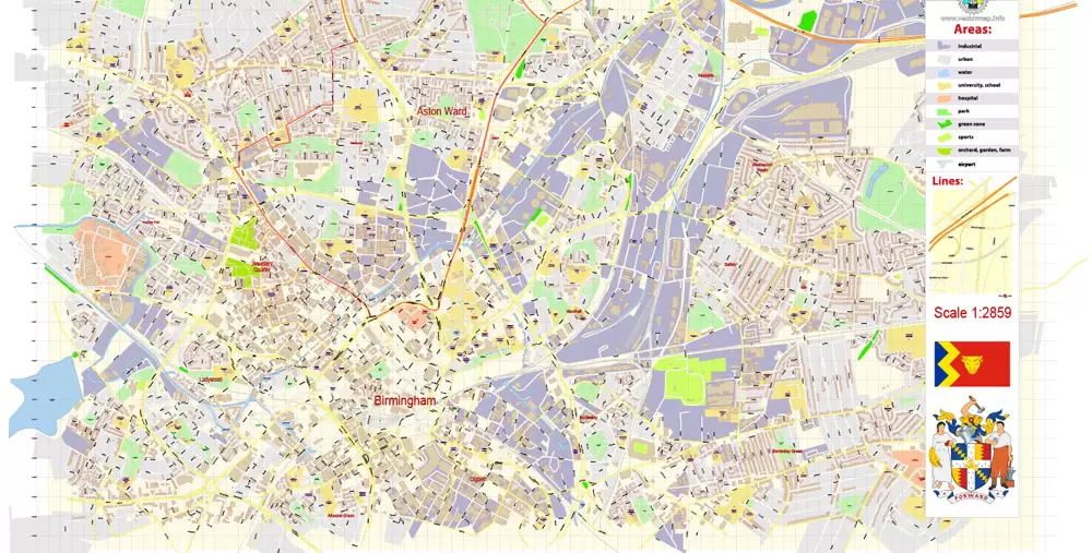 Aston Ward (Aston) UK Birmingham Vector Map exact extra detailed City Plan editable Adobe Illustrator Street Map in layers