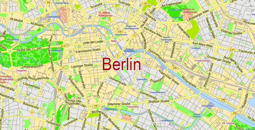 Berlin Map Vector Germany Printable exact City Plan scale 1:45731 editable Adobe Illustrator Street Map in layers