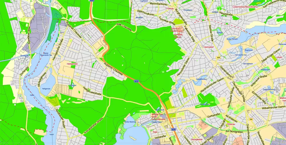 Berlin Map Vector Germany Printable exact City Plan scale 1:45731 editable Adobe Illustrator Street Map in layers