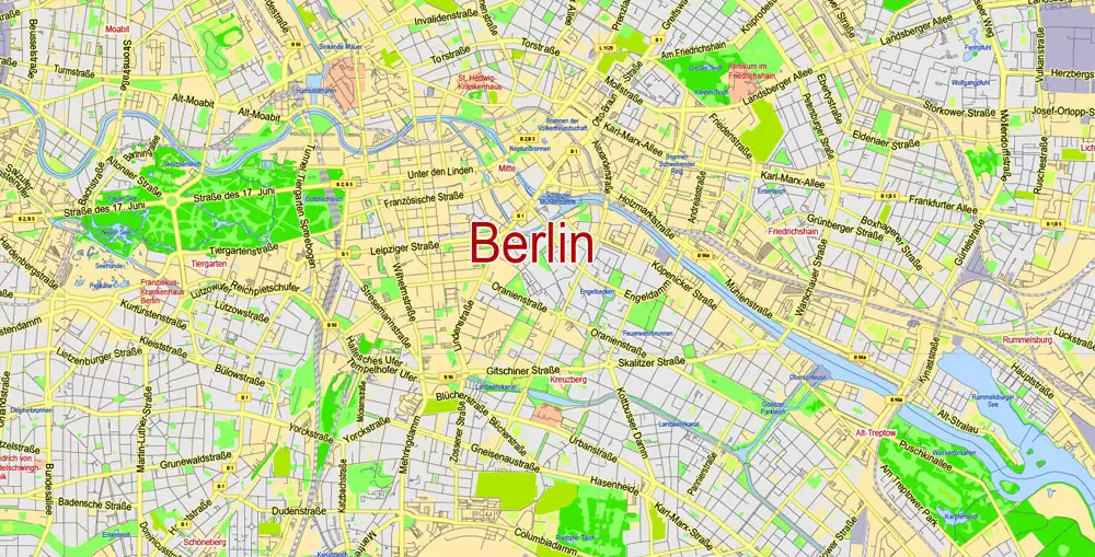 Berlin Map Vector Germany Printable exact City Plan scale 1:45731 editable Adobe Illustrator Street Map in layers
