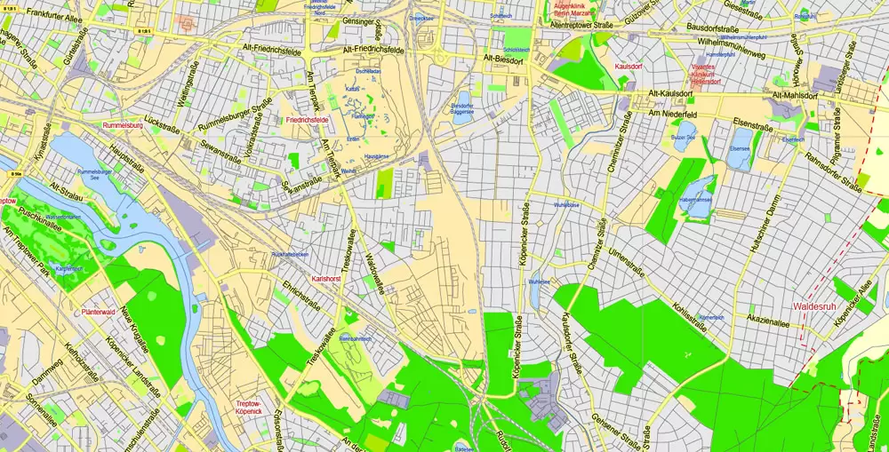 Berlin Map Vector Germany Printable exact City Plan scale 1:45731 editable Adobe Illustrator Street Map in layers