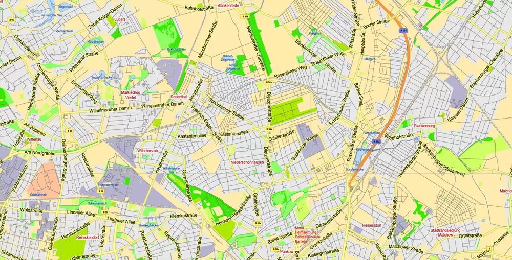 Berlin Map Vector Germany Printable exact City Plan scale 1:45731 editable Adobe Illustrator Street Map in layers