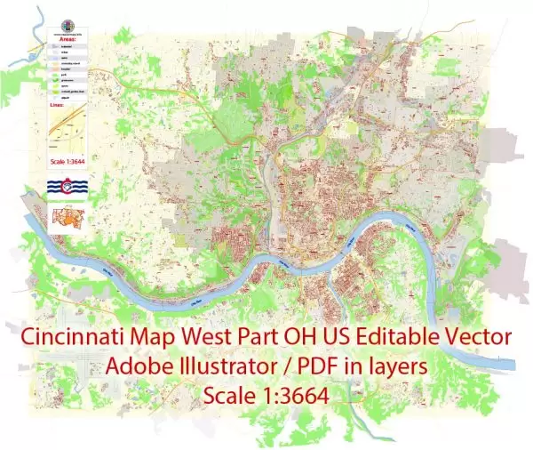 Cincinnati Map Vector Ohio US extra detailed City Plan scale 1:3664 full editable Adobe Illustrator Street Map in layers with buildings