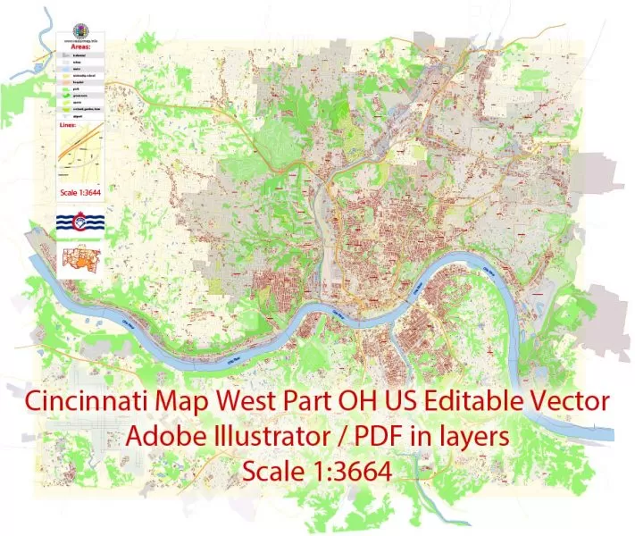 Cincinnati Map Vector Ohio US extra detailed City Plan scale 1:3664 full editable Adobe Illustrator Street Map in layers with buildings
