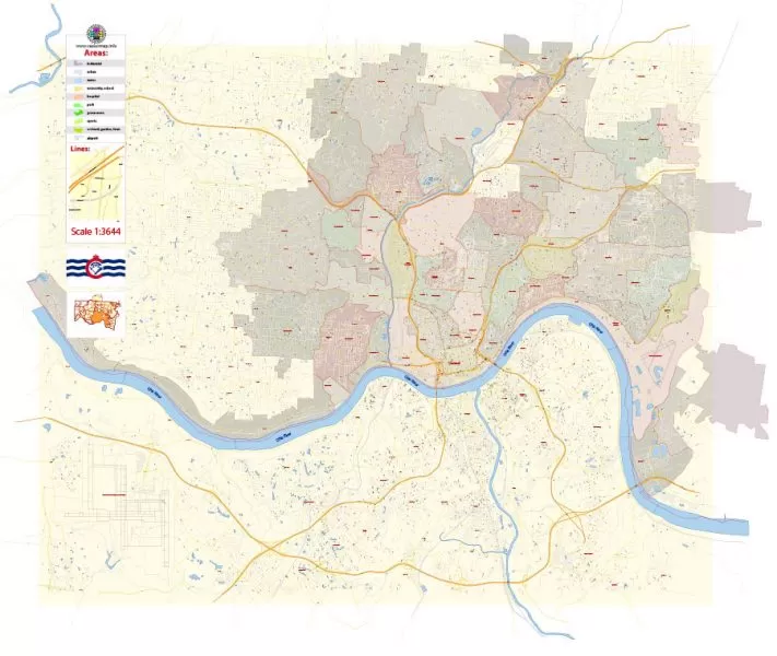 Cincinnati Map Vector Ohio US extra detailed City Plan scale 1:3664 full editable Adobe Illustrator Street Map in layers with buildings