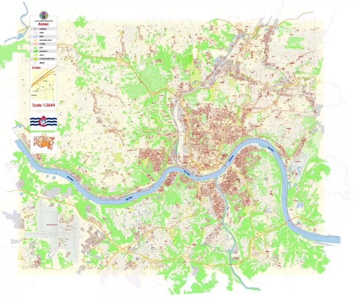 Cincinnati Map Vector Ohio US extra detailed City Plan scale 1:3664 full editable Adobe Illustrator Street Map in layers with buildings