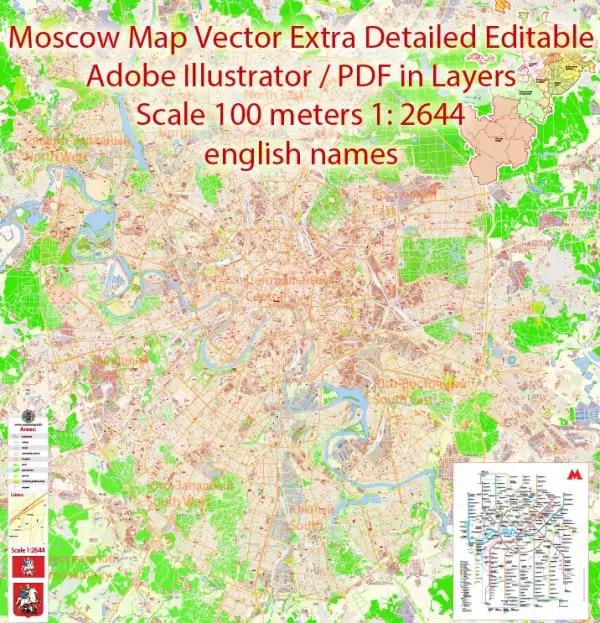 Printable Vector Map Moscow Russia English names exact extra detailed City Plan editable Adobe Illustrator Street Map in layers + admin areas + Subway Map 51 Mb ZIP