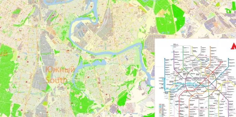 Москва Moscow Map Vector Russia English names exact extra detailed City Plan editable Adobe Illustrator Street Map in layers + admin areas + Subway Map