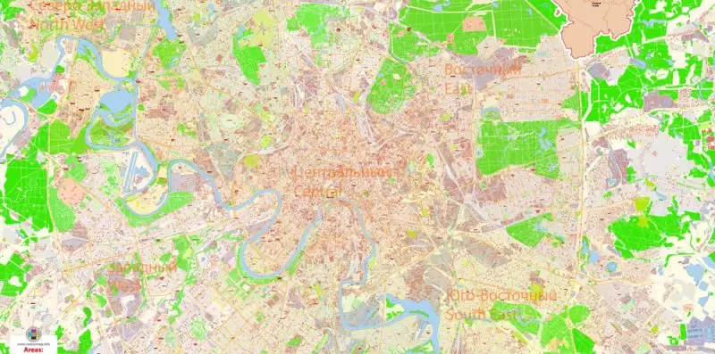 Москва Moscow Map Vector Russia English names exact extra detailed City Plan editable Adobe Illustrator Street Map in layers + admin areas + Subway Map