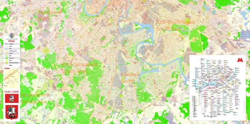 Москва Moscow Map Vector Russia English names exact extra detailed City Plan editable Adobe Illustrator Street Map in layers + admin areas + Subway Map