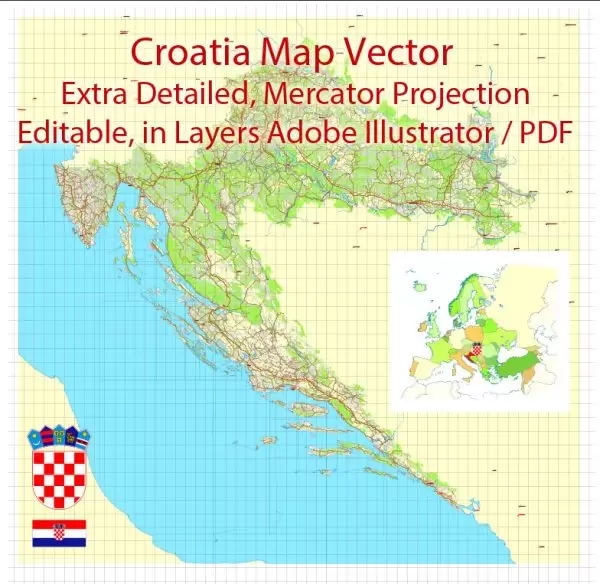 Croatia Map Vector exact extra detailed Country Plan Printable Road map full editable Adobe Illustrator in layers