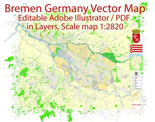 Printable Vector Map Bremen Germany exact Detailed City Plan scale 1:2820 editable Adobe Illustrator Street Map in layers 17 Mb ZIP