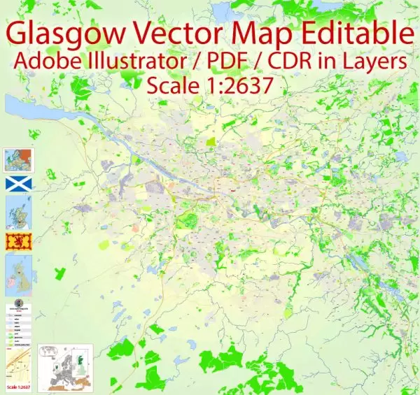 Glasgow Map Vector Scotland Printable exact Detailed City Plan scale 1:2637 editable Adobe Illustrator Street Map in layers