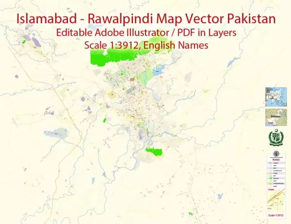 Printable Vector Map of Islamabad + Rawalpindi Pakistan EN detailed City Plan scale 1:3912 editable Adobe Illustrator Street Map in layers