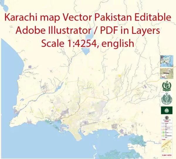 Printable Vector Map of Karachi Pakistan EN detailed City Plan scale 1:4254 full editable Adobe Illustrator Street Map in layers