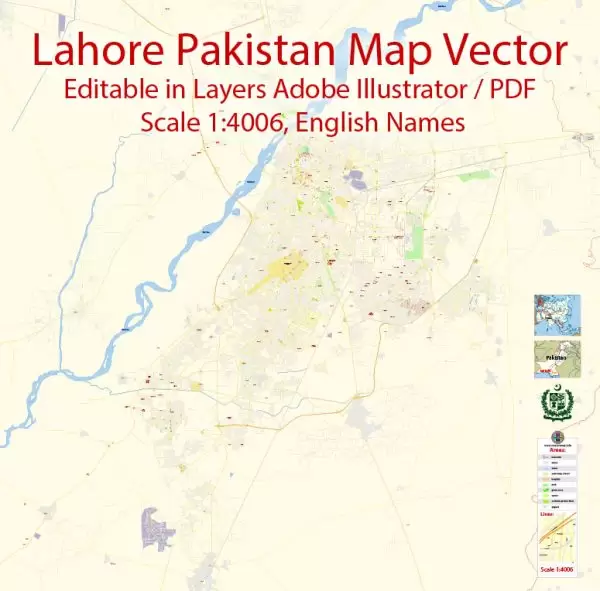 Printable Vector Map of Lahore Pakistan EN detailed City Plan scale 1:4006 full editable Adobe Illustrator Street Map in layers