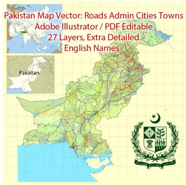 Pakistan Vector Map Full Country Extra detailed Road Admin ENG 01 printable Adobe Illustrator Editable Map in 27 layers