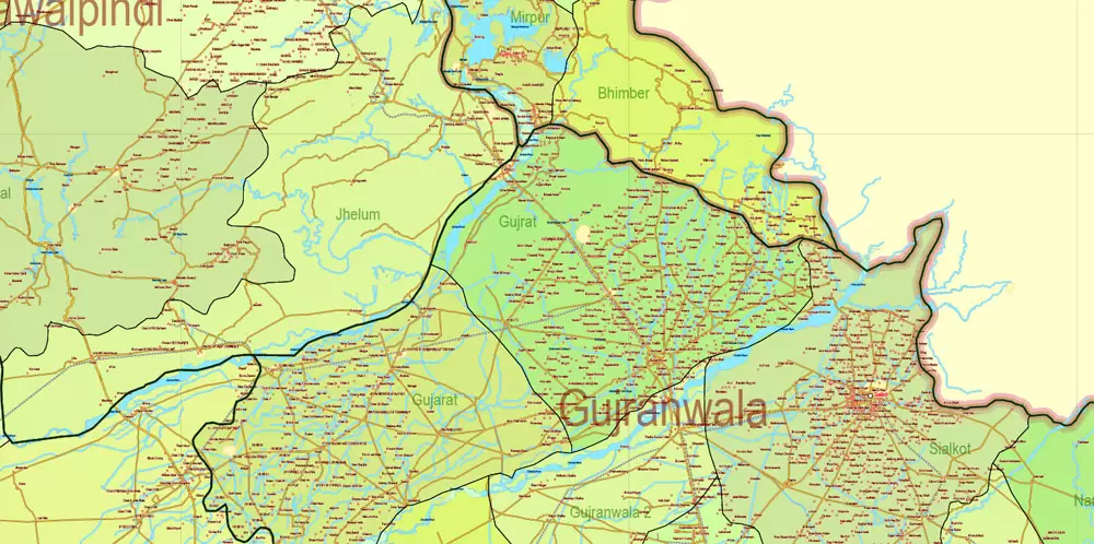 Pakistan Vector Map Full Country Extra detailed Road Admin ENG 01 printable Adobe Illustrator Editable Map in 27 layers