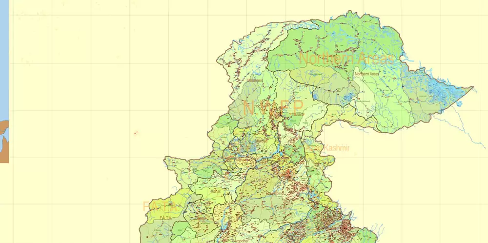 Pakistan Vector Map Full Country Extra detailed Road Admin ENG 01 printable Adobe Illustrator Editable Map in 27 layers