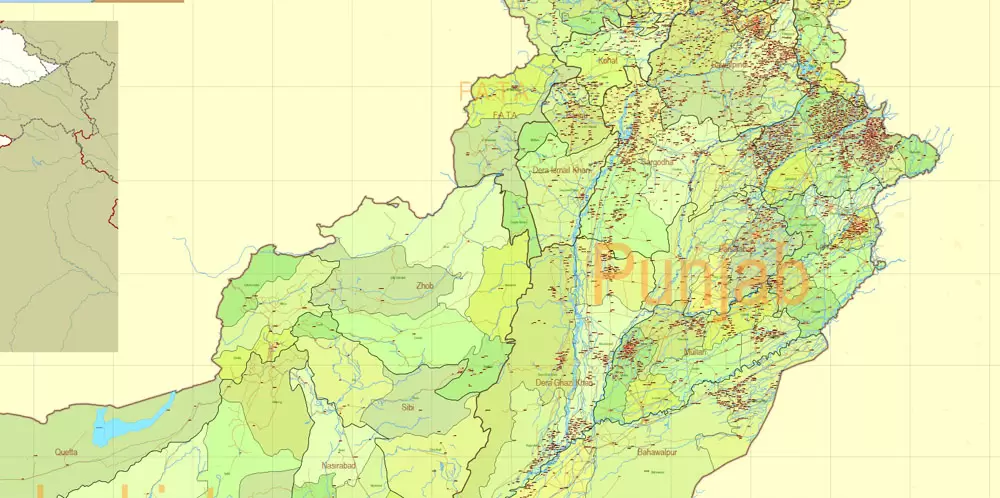 Pakistan Vector Map Full Country Extra detailed Road Admin ENG 01 printable Adobe Illustrator Editable Map in 27 layers