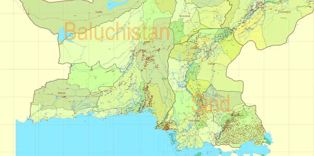 Pakistan Vector Map Full Country Extra detailed Road Admin ENG 01 printable Adobe Illustrator Editable Map in 27 layers