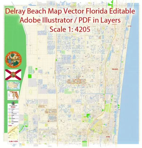 Printable Vector Map of Delray Beach Florida US detailed City Plan scale 1:4205 full editable Adobe Illustrator Street Map in layers