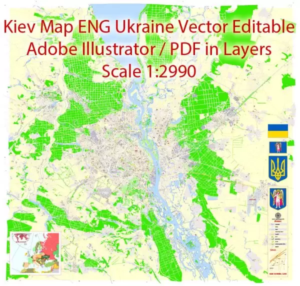Printable Vector Map of Kiev Ukraine EN detailed City Plan scale 1:2990 editable Adobe Illustrator Street Map in layers text format all names, 30 mb ZIP