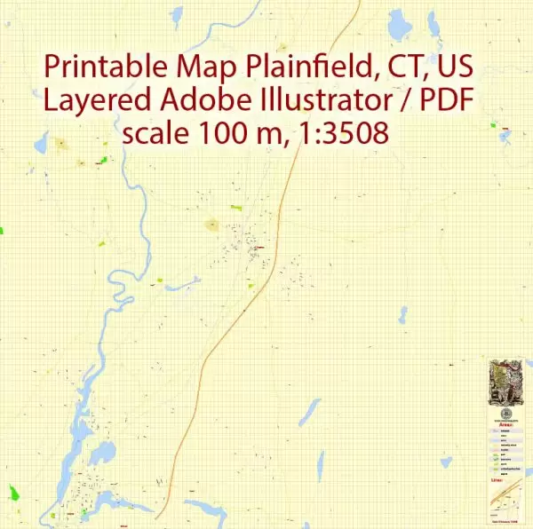 Printable PDF Vector Map of Plainfield Connecticut US detailed City Plan scale 1:3508 full editable Adobe PDF Street Map in layers