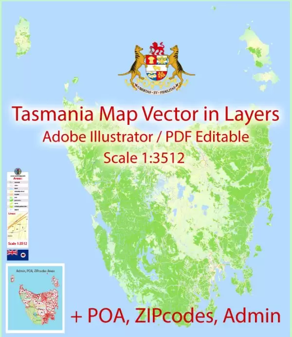 Tasmania Map Vector Full Extra Detailed exact Islands Plan scale 1:3512 editable Adobe Illustrator Street Roads Map in layers