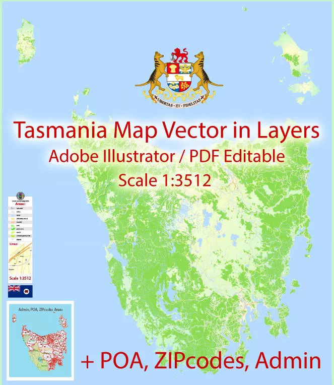 Tasmania Map Vector Full Extra Detailed exact Islands Plan scale 1:3512 editable Adobe Illustrator Street Roads Map in layers