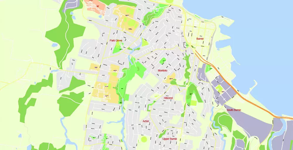 Printable Vector Map Tasmania Full Extra Detailed exact Islands Plan scale 1:3512 editable Adobe Illustrator Street Roads Map in layers