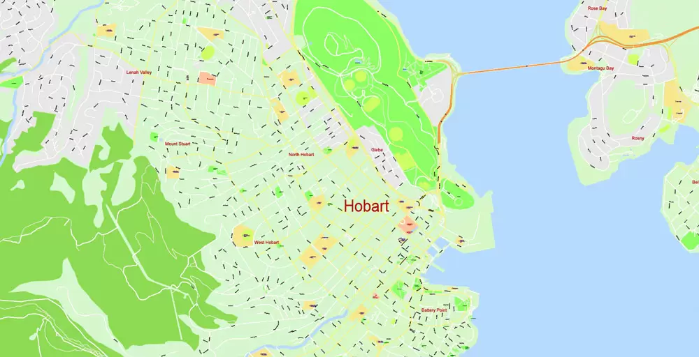 Printable Vector Map Tasmania Full Extra Detailed exact Islands Plan scale 1:3512 editable Adobe Illustrator Street Roads Map in layers
