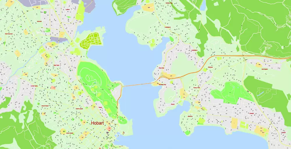 Printable Vector Map Tasmania Full Extra Detailed exact Islands Plan scale 1:3512 editable Adobe Illustrator Street Roads Map in layers