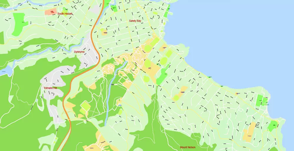 Printable Vector Map Tasmania Full Extra Detailed exact Islands Plan scale 1:3512 editable Adobe Illustrator Street Roads Map in layers