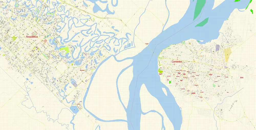 Corrientes + Resistencia Vector Map Argentina detailed City Plan editable Adobe Illustrator Street Map