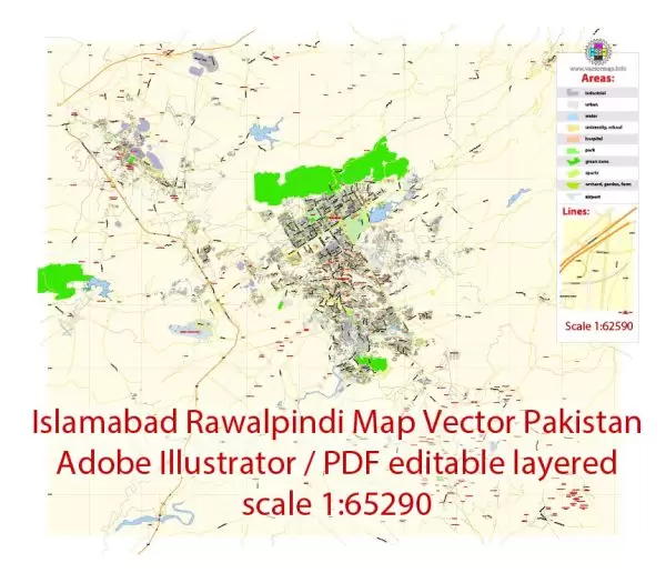 Printable Vector Map of Islamabad + Rawalpindi Pakistan EN low detailed City Plan scale 1:65290 editable Adobe Illustrator Street Map in layers for small pint size