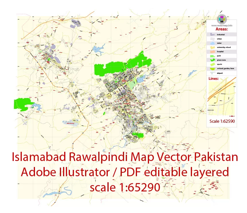 Printable Vector Map of Islamabad + Rawalpindi Pakistan EN low detailed City Plan scale 1:65290 editable Adobe Illustrator Street Map in layers for small pint size