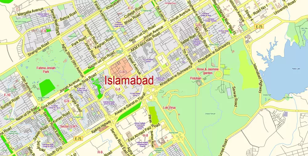 Printable Vector Map of Islamabad + Rawalpindi Pakistan EN low detailed City Plan scale 1:65290 editable Adobe Illustrator Street Map in layers for small pint size